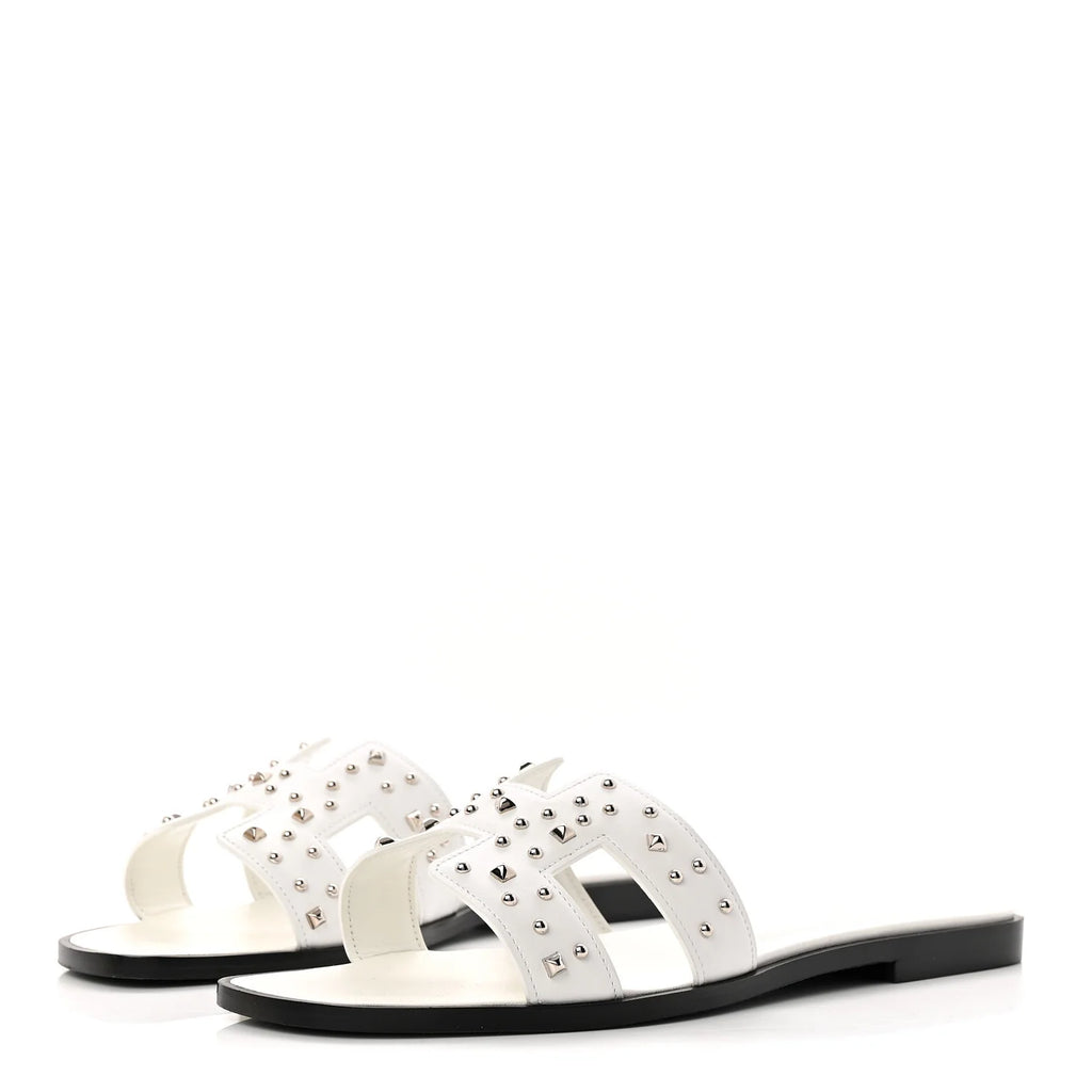 Hermes White Studded Oran Sandals