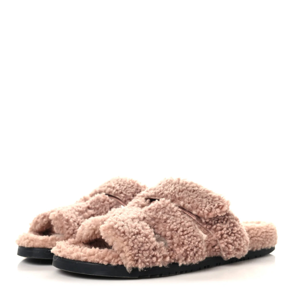 Hermes Pink Shearling Oran Sandals