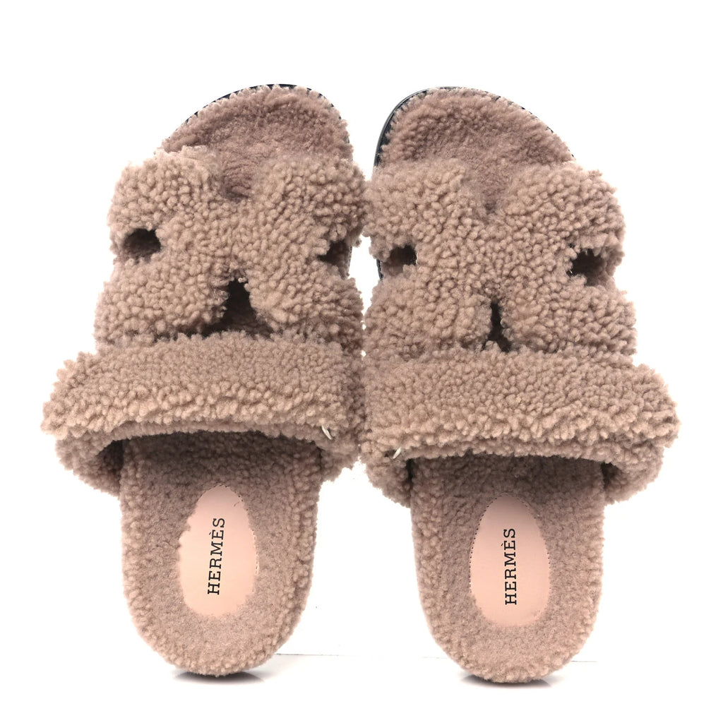 Hermes Grey Shearling Oran Sandals