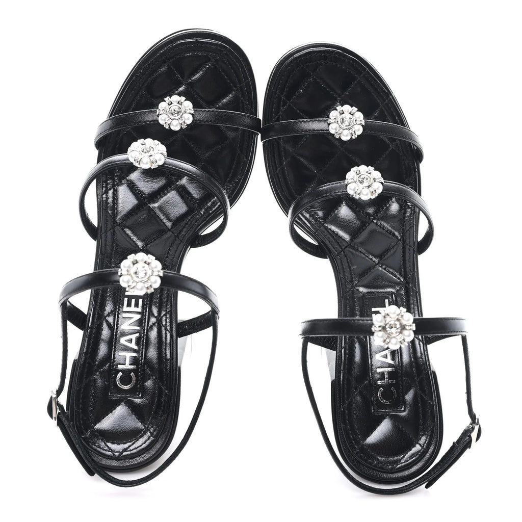 Chanel Black Leather Pearl Sandals