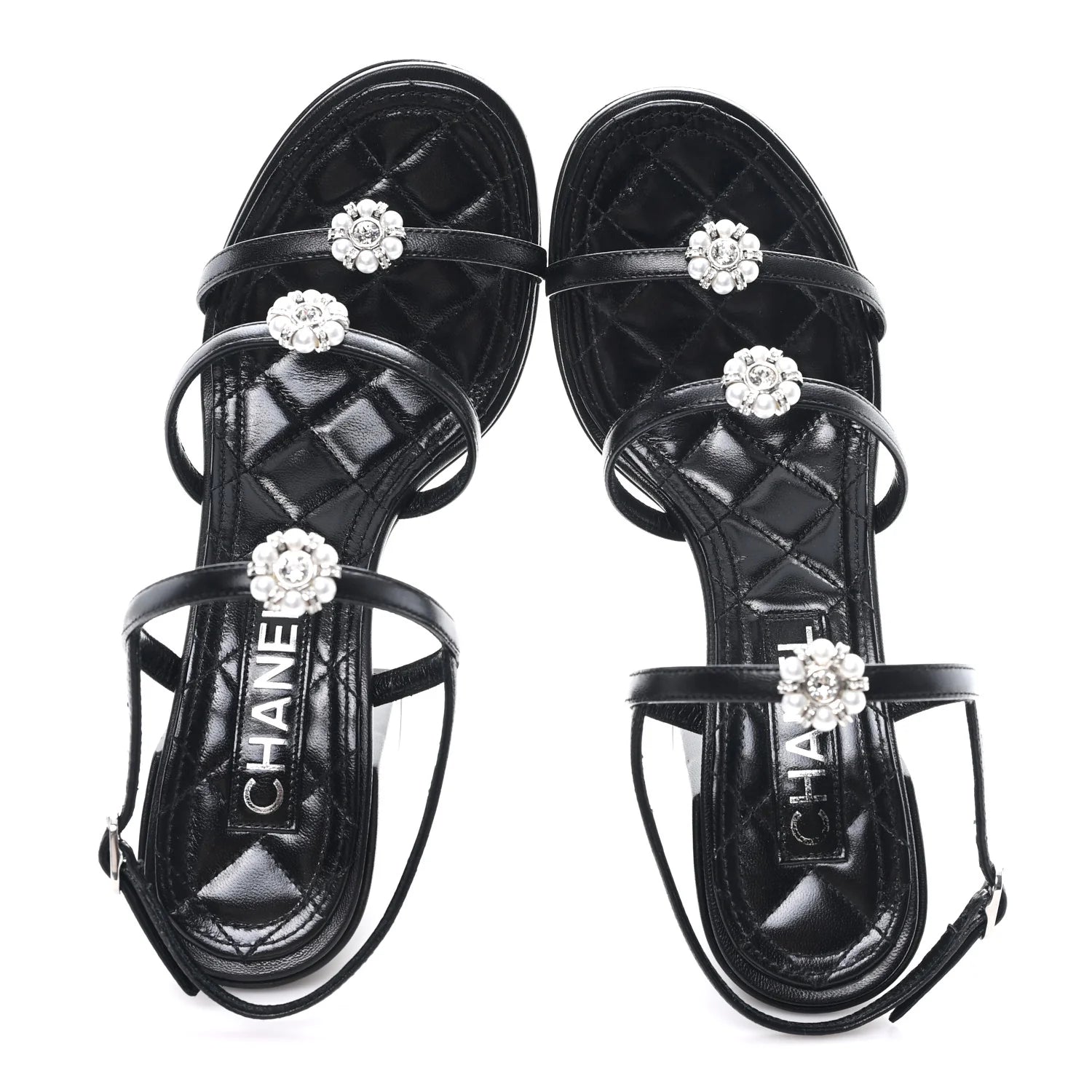Chanel Black Leather Pearl Sandals