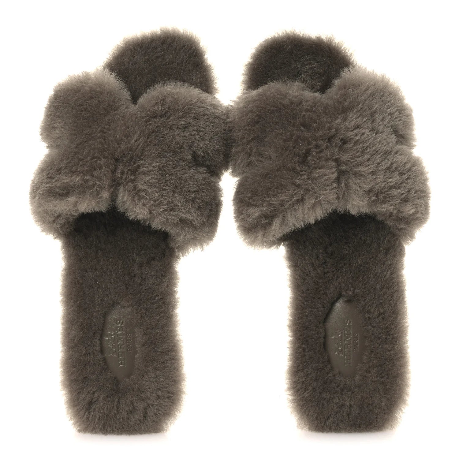 Hermes Grey Shearling Oran Sandals