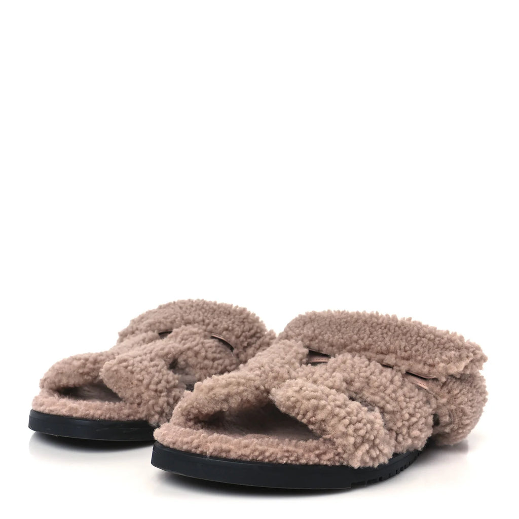 Hermes Grey Shearling Oran Sandals