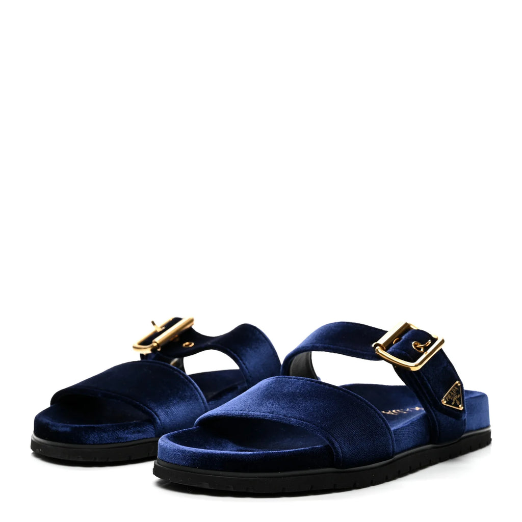 Prada Blue Velvet Buckle Slides