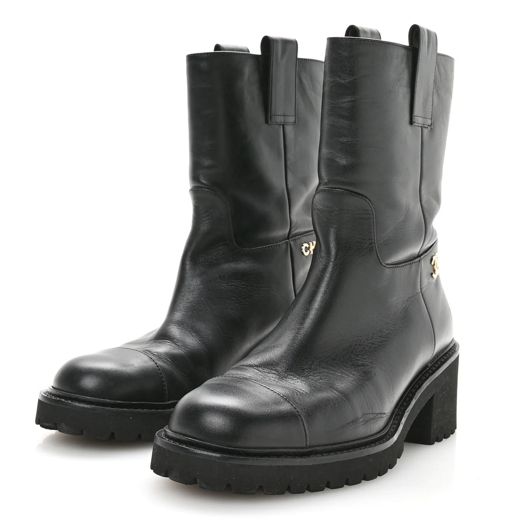 Chanel Black Leather CC Boots