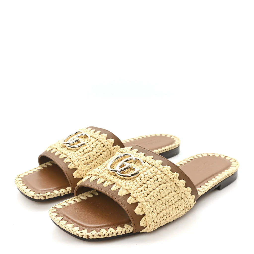 Gucci Brown Raffia Logo Slides