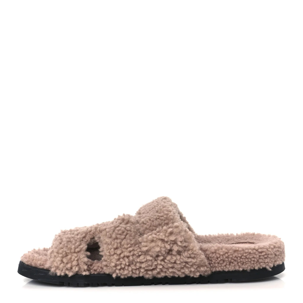 Hermes Grey Shearling Oran Sandals