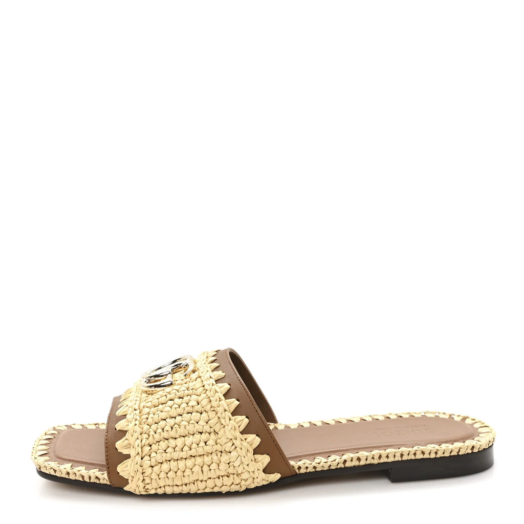 Gucci Brown Raffia Logo Slides