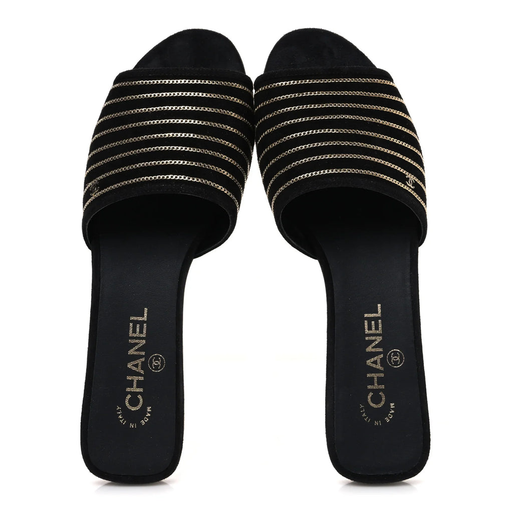 Chanel Black Suede Chain Slides