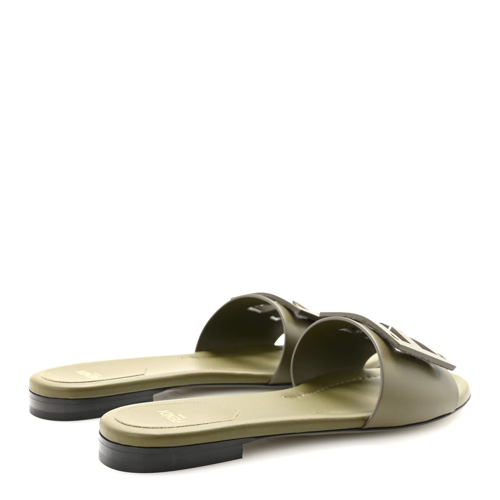 Fendi Olive Leather Logo Slides
