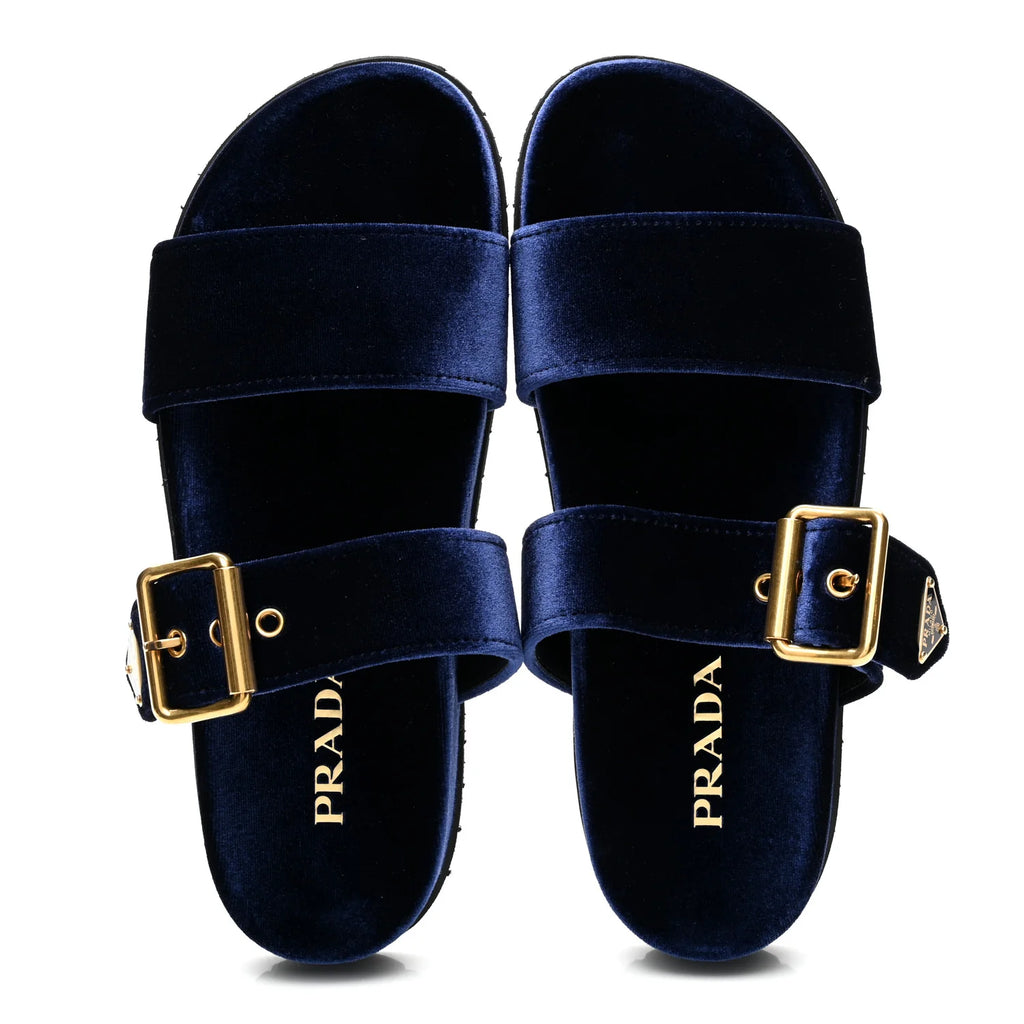 Prada Blue Velvet Buckle Slides