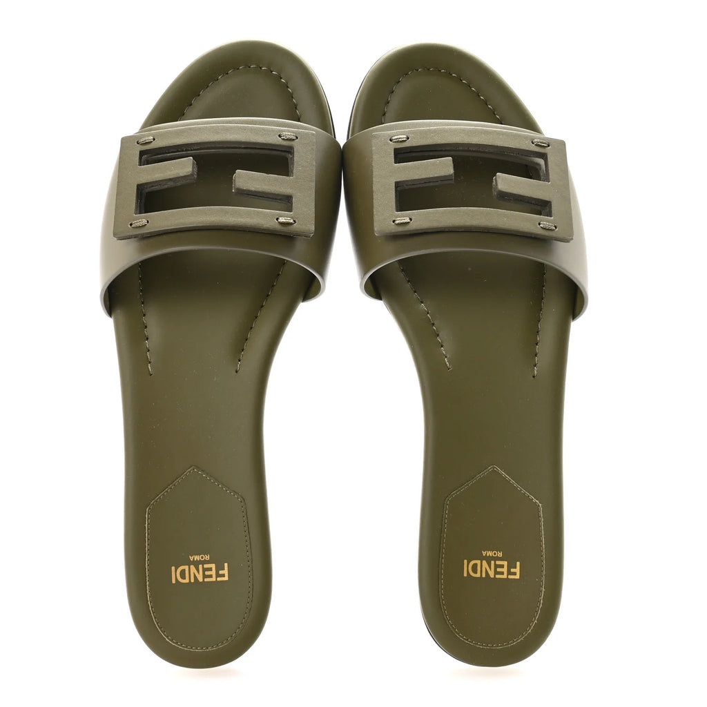 Fendi Olive Leather Logo Slides