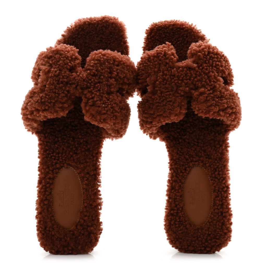 Hermes Brown Shearling Oran Sandals