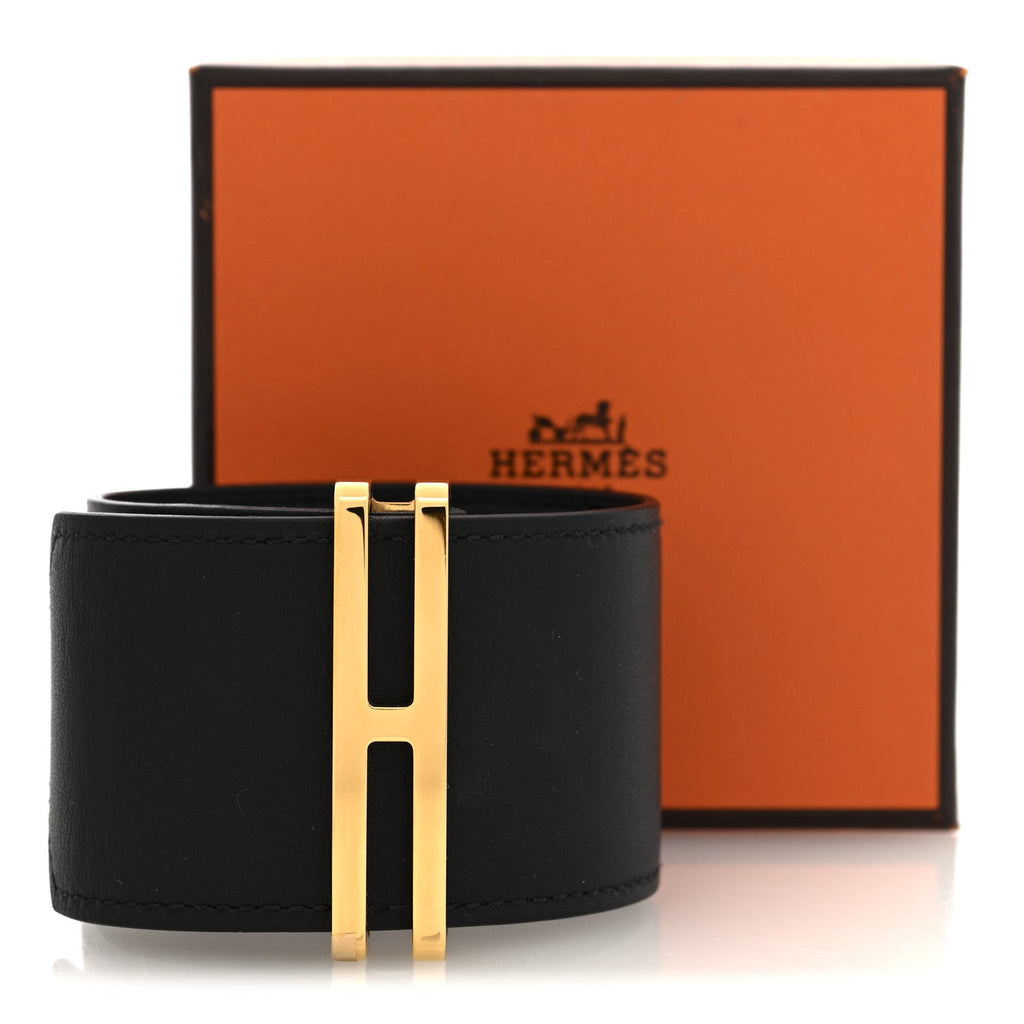 Hermes Black Leather Gold Cuff