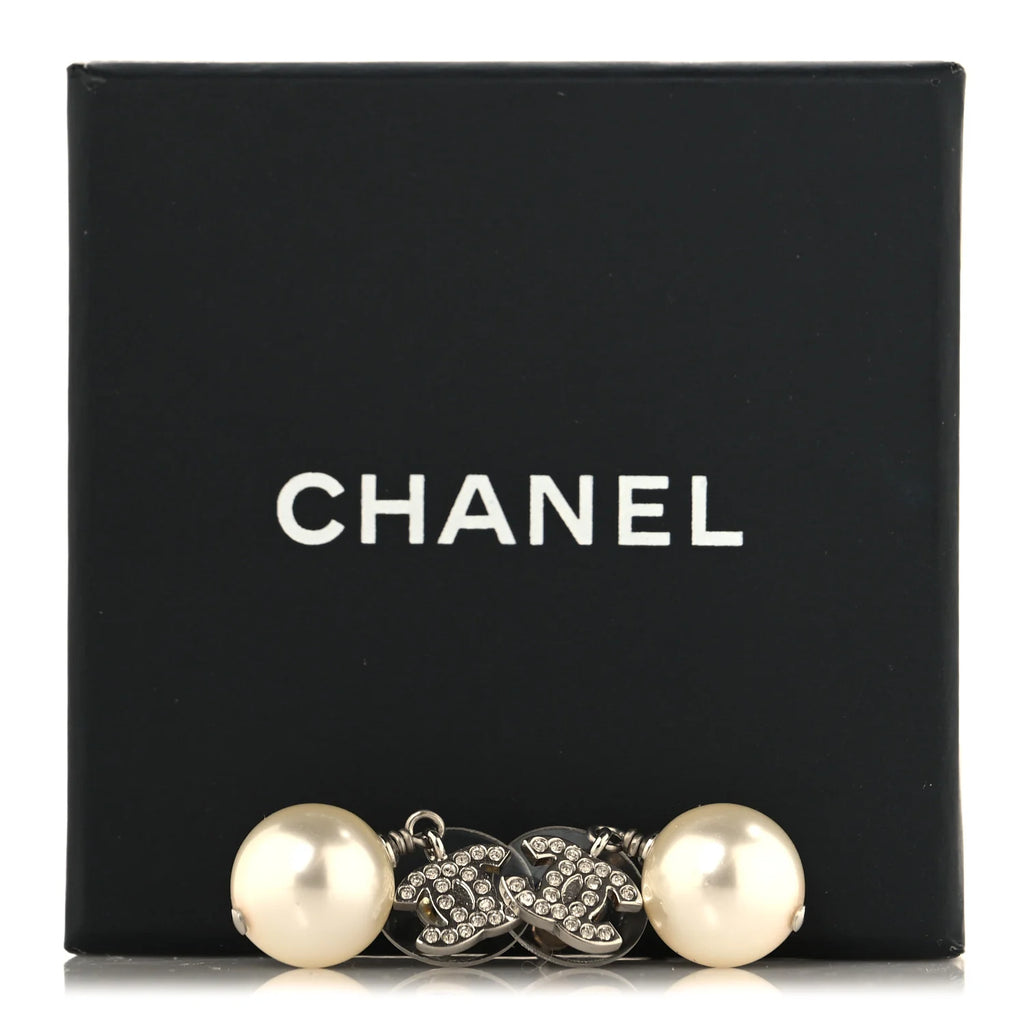 Chanel Silver Crystal Pearl Earrings
