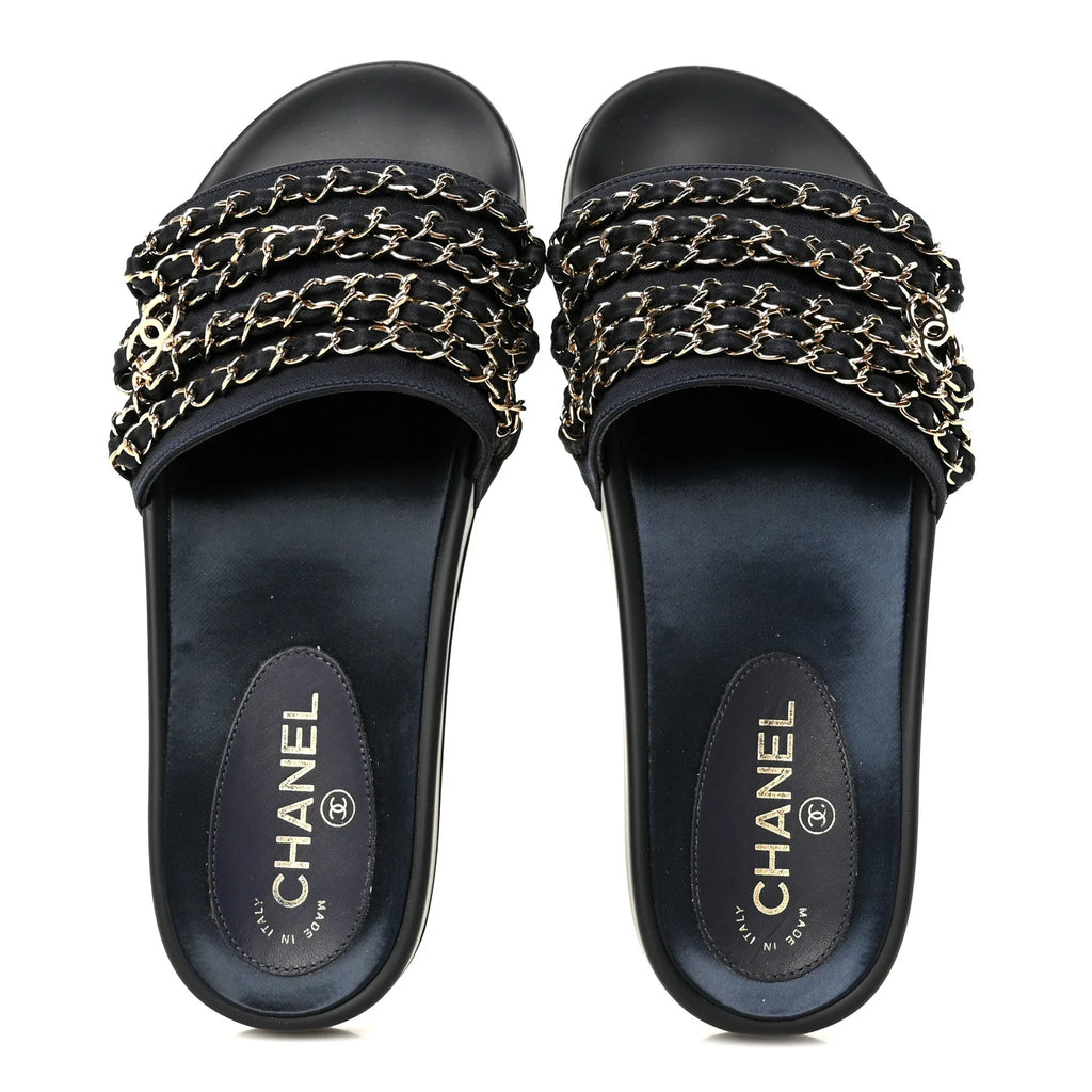 Chanel Black Fabric Chain Slides