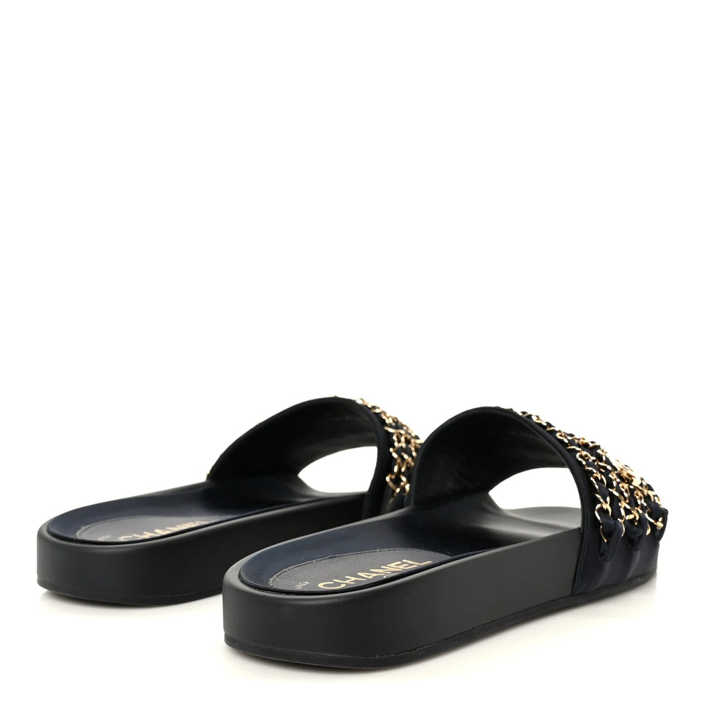 Chanel Black Fabric Chain Slides