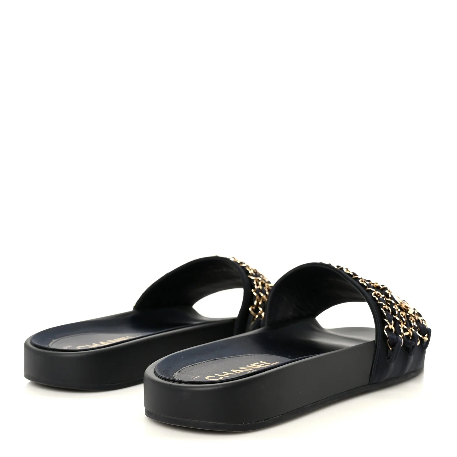 Chanel Black Fabric Chain Slides