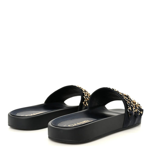 Chanel Black Fabric Chain Slides