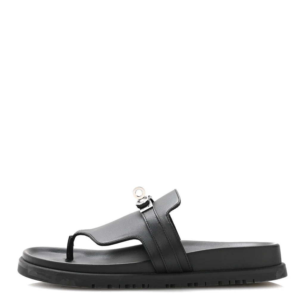 Hermes Black Leather Empire Sandals