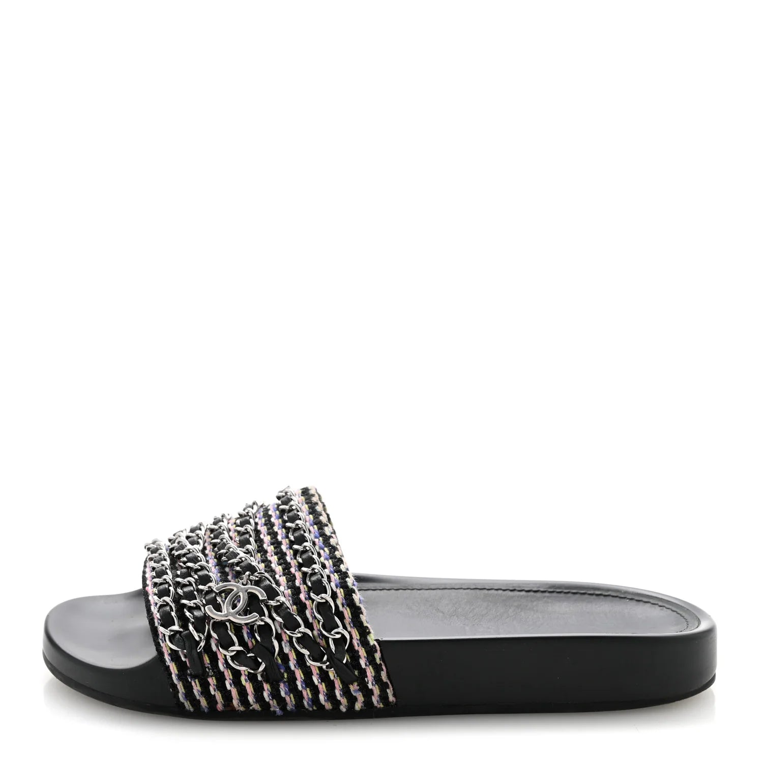 Chanel Multicolor Tweed Chain Slides